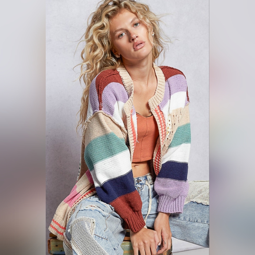 POL Striped Open Front Cardigan in Rust, Lavender, Teal, Navy & Cream